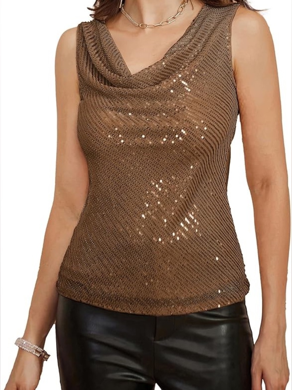Hanna + Grace NWT Bronze Sequin Cowl Neck Party Tank Top Small
